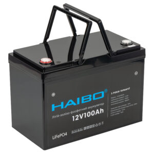Акумулятор Haibo LiFeP04 Номінальна напруга: 12.8V Номінальна ємність: 100Ah 307x172x215 мм G. Вага: 12 кг.