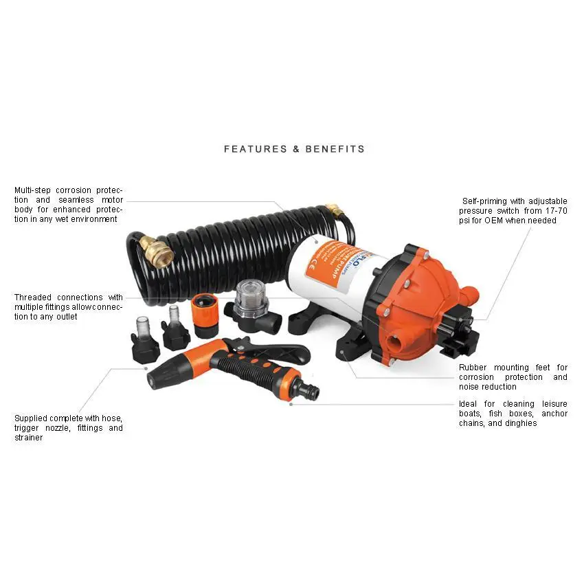 Автомийка SEAFLO SFWP1-050-070-51 20 л/хв 70 psi комплект помивний душ насос шланг розпилювач автоматичне включення - Зображення 5